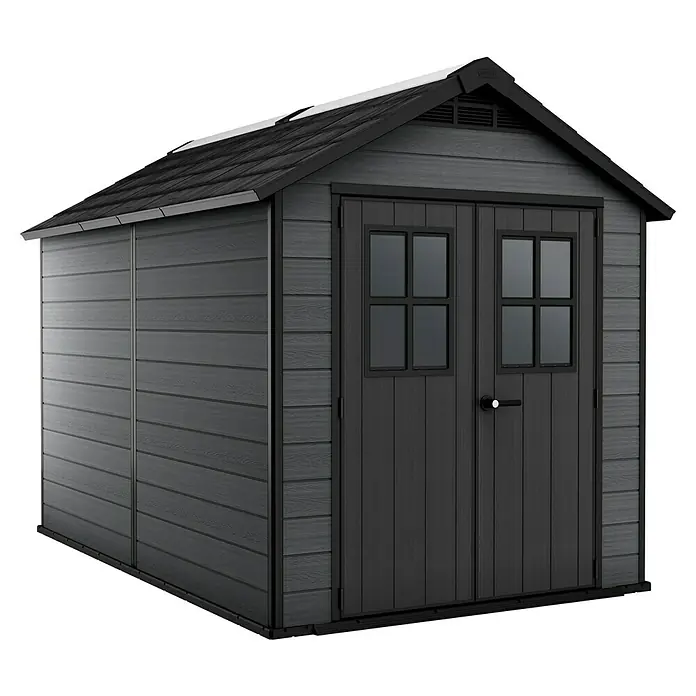 Keter Gerätehaus Newton 7511 - Außenmaß inkl. Dachüberstand (B x T): 228 x 350 cm, Kunststoff, Schiefergrau, 7,98 m² - Geräumiges Gartenhaus mit Doppeltür und Fenstern für zusätzlichen Stauraum im Freien. Die ideale Lösung für Ihren Garten!