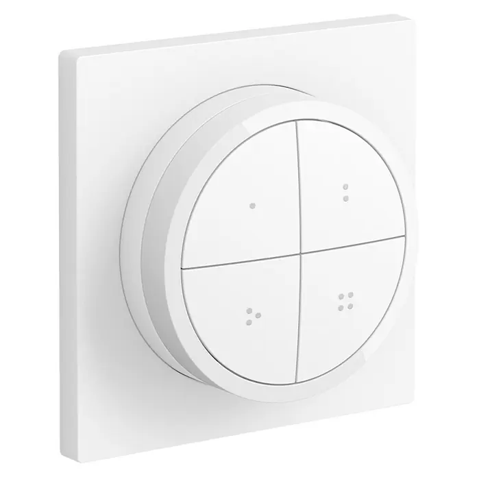 Philips Hue Lichtsteuerung Tap Dialswitch - 6 x 6 x 2 cm, Smart Home-fähig: Ja, Weiß, Dimmbar - Nahaufnahme eines weißen, quadratischen Schalters mit vier runden Tasten, die jeweils mit Punkten zur Bedienung versehen sind.