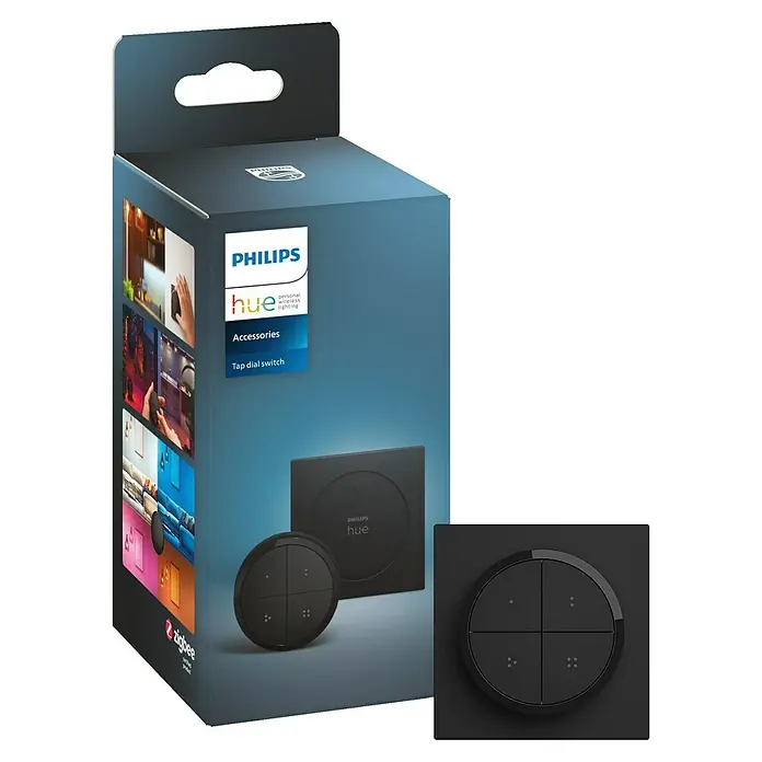 Philips Hue Lichtsteuerung Tap Dialswitch - 6 x 6 x 2 cm, Smart Home-fähig: Ja, Schwarz, Dimmbar - Produktbild der Philips Hue Tap Dial Switch, ein innovativer Schalter zur Steuerung Ihrer smarten Beleuchtung.