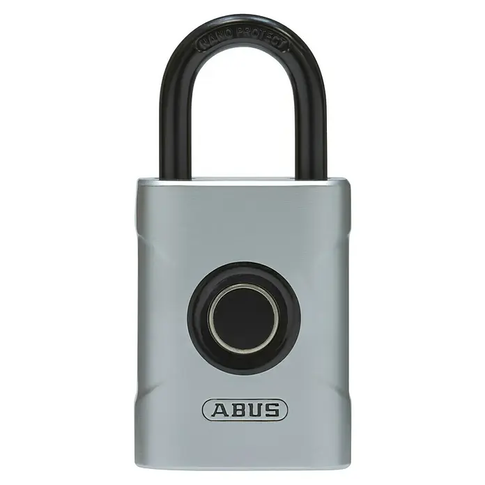Abus Candado 57/45 - Sensor de dedo, Zinc fundido, L x An x Al: 23 x 45 x 95 mm - Candado con huella digital Abus con grillete Nano Protect. El candado plateado cuenta con un sensor de huellas dactilares redondo y un logotipo ABUS.