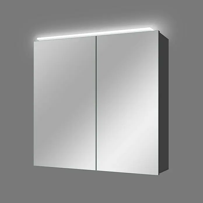 Camargue Spiegelschrank Aluminio Black - B x H: 60 x 60 cm, Schwarz - Ein quadratischer Spiegelschrank mit zwei Türen und einer integrierten Beleuchtung. Ideal für Badezimmer, um Spiegel und Stauraum zu kombinieren.