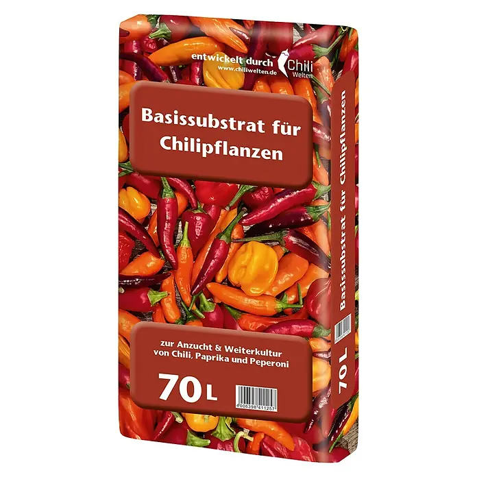 Floragard Kultursubstrat Chili - 70 l - Abbildung einer 70-Liter-Packung Basissubstrat für Chilipflanzen der Marke Chili Welten, ideal für Anzucht und Weiterkultur.