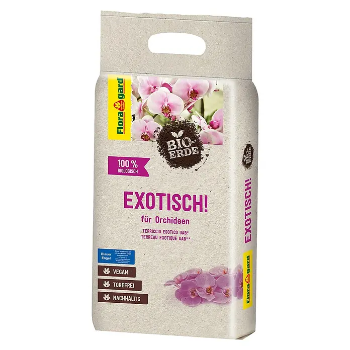 Floragard Orchideenerde exotisch - 3 l, Torffrei - Abbildung eines Flora Gard "Exotisch!" Bio-Erde-Produkts für Orchideen, das als vegan, torffrei und nachhaltig beworben wird.