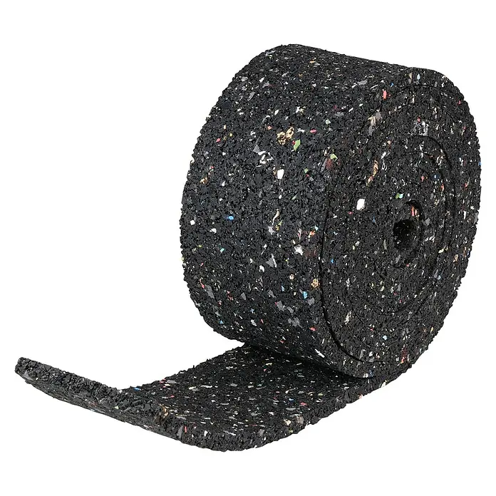 Kovalex Unterkonstruktion-Auflagepad Rolle - L x B x S: 2.500 mm x 77 mm x 0,8 cm, Kunststoff - Rolle aus recyceltem Gummigranulat. Die Gummimatte ist aufgerollt und zeigt eine unebene, körnige Oberfläche mit Farbpunkten.