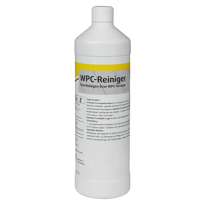 Kovalex WPC-Reiniger-Konzentrat 1 L -  - Bild einer Flasche WPC-Reiniger, ein Reinigungsmittel für WPC-Terrassen, mit gelbem Akzent und detaillierter Produktbeschreibung auf dem Etikett.