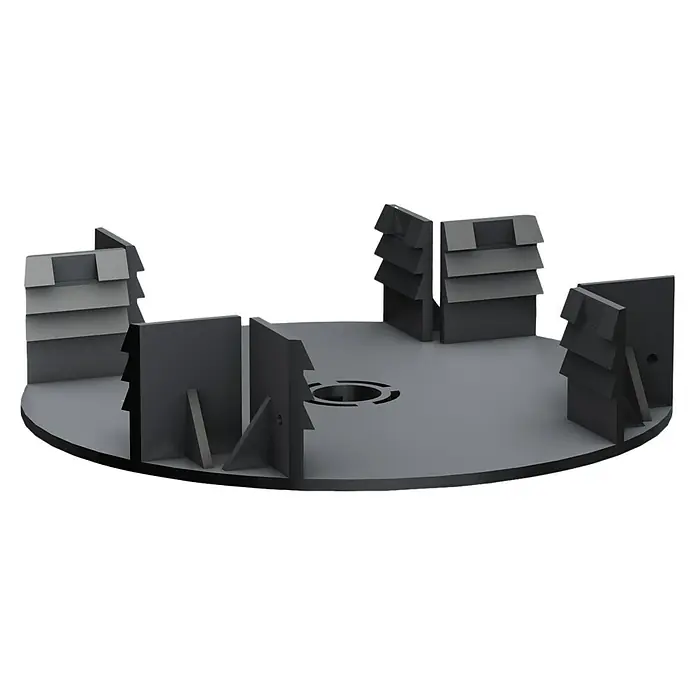 Kovalex Terrassenlager 0 - Kunststoff, Höhenverstellung: 6,6 cm - Eine detailreiche 3D-Darstellung einer Turbinenkomponente. Das Design zeigt präzise gefertigte Lamellen und eine zentrale Nabe auf einer runden Basis.