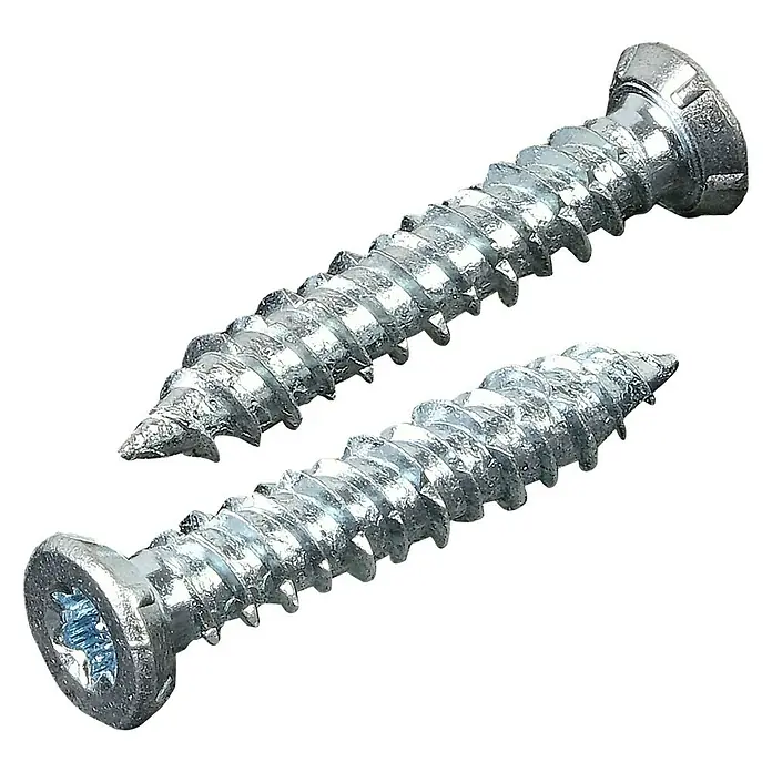 Kovalex Betonschrauben Terrassenlager - Ø x L: 7,5 x 42 mm - Nahaufnahme von zwei glänzenden, silberfarbenen Holzschrauben vor einem schwarzen Hintergrund.
