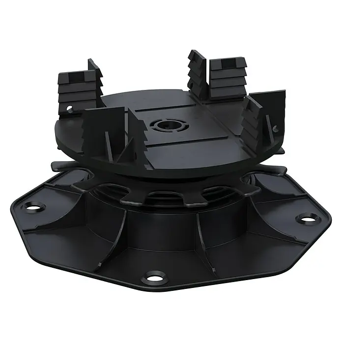 Kovalex Terrassenlager 1 - Kunststoff, Höhenverstellung: 3,5 cm - 7 cm - Schwarze, verstellbare Terrassenlager mit nivellierbarer Oberseite und Montagebohrungen.