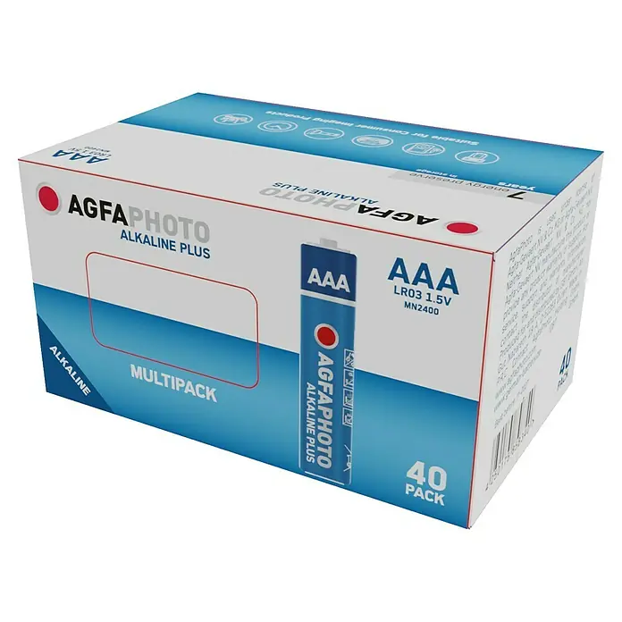 Agfaphoto Batterie - Micro AAA, Alkali-Mangan, 1,5 V, 40 Stk. - Eine Packung AgfaPhoto Alkaline Plus AAA Batterien, Multipack mit 40 Stück, für zuverlässige Energie in verschiedenen Geräten.