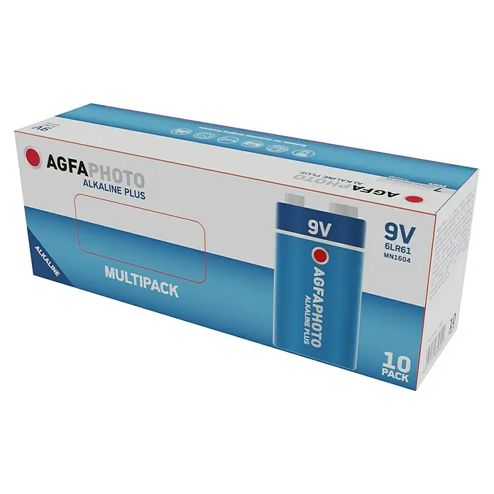 Agfaphoto Batterie - 9-Volt-Block, Alkali-Mangan, 9 V, 10 Stk. - Eine Packung AgfaPhoto Alkaline Plus 9V-Batterien, Multipack mit 10 Stück. Zuverlässige Energiequelle für verschiedene Geräte.