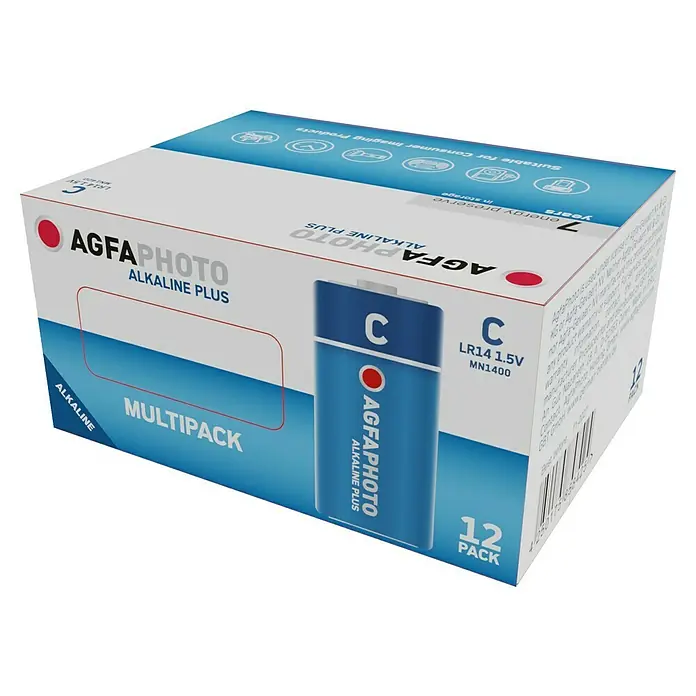 Agfaphoto Batterie - Baby C, Alkali-Mangan, 1,5 V, 12 Stk. - Produktbild einer AgfaPhoto Alkaline Plus C-Batterie-Multipackung mit 12 Stück, geeignet für verschiedenste Geräte im Haushalt.