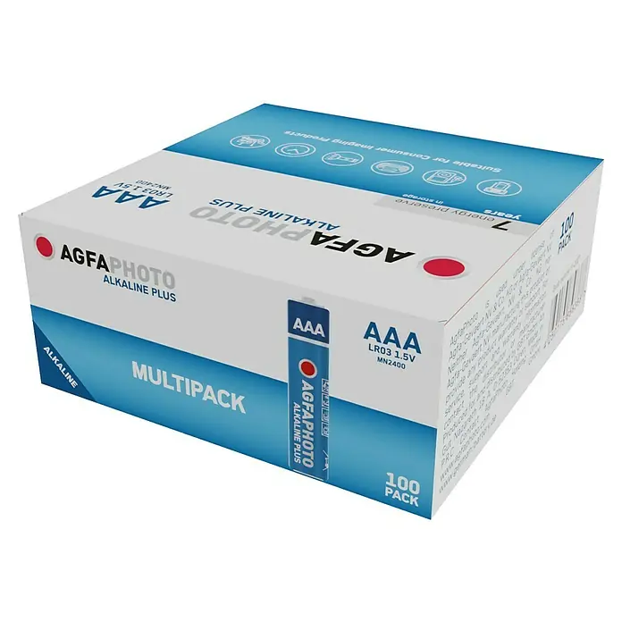 Agfaphoto Batterie - Micro AAA, Alkali-Mangan, 1,5 V, 100 Stk. - Eine Packung AgfaPhoto Alkaline Plus AAA-Batterien mit 100 Stück, ideal für den täglichen Gebrauch.