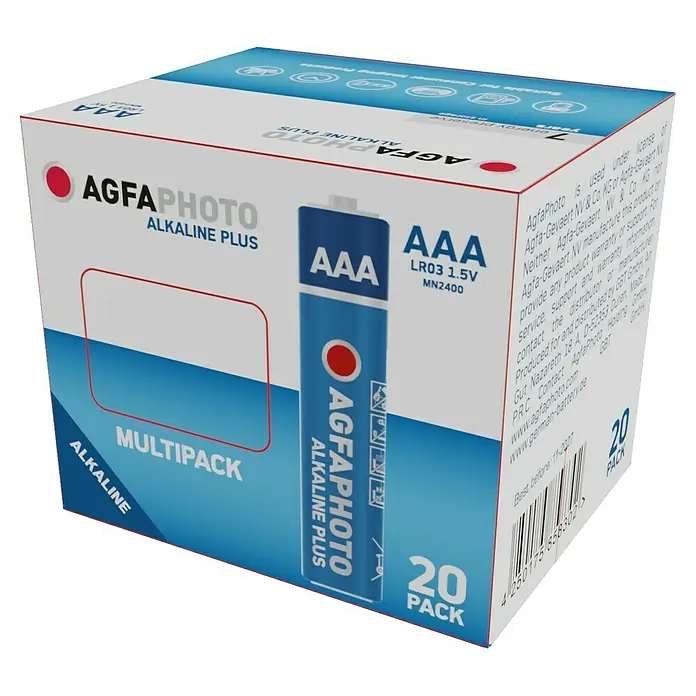 Agfaphoto Batterie - Micro AAA, Alkali-Mangan, 1,5 V, 20 Stk. - Ein 20er-Pack AgfaPhoto Alkaline Plus AAA-Batterien. Ideal für Geräte mit hohem Energieverbrauch. Zuverlässige Energiequelle für den täglichen Gebrauch.