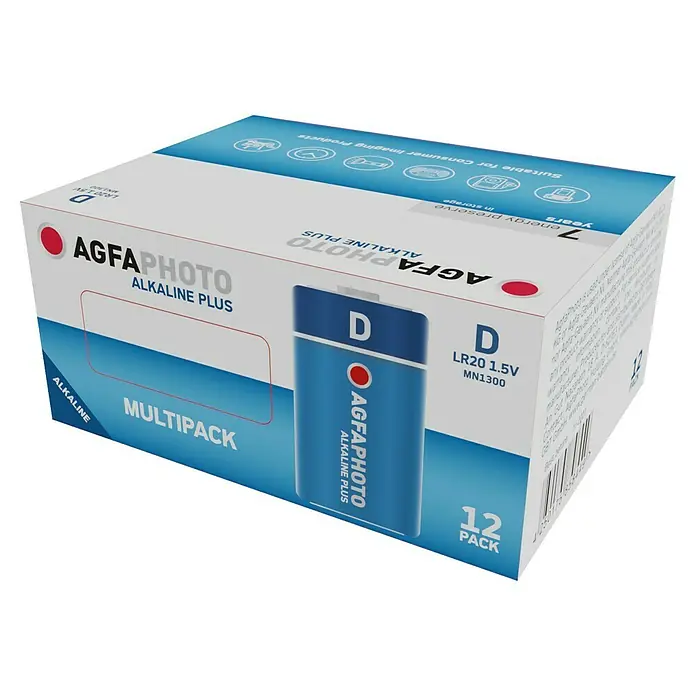 Agfaphoto Batterie - Mono D, Alkali-Mangan, 1,5 V, 12 Stk. - Bild einer AgfaPhoto Alkaline Plus D-Batterie-Multipackung mit 12 Stück, ideal für Konsumentenprodukte.