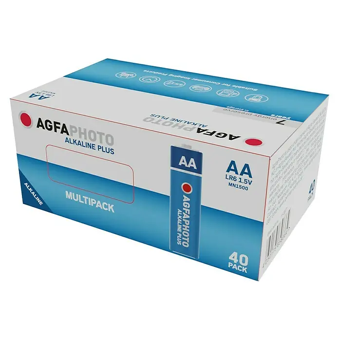 Agfaphoto Batterie - Mignon AA, Alkali-Mangan, 1,5 V, 40 Stk. - Bild einer Packung AgfaPhoto Alkaline Plus AA-Batterien. Eine zuverlässige Energiequelle für elektronische Geräte.