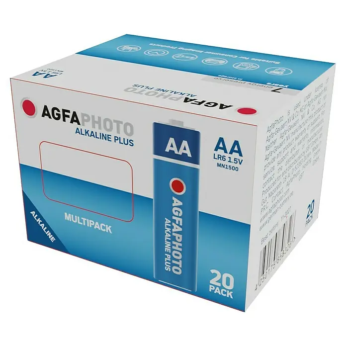 Agfaphoto Batterie - Mignon AA, Alkali-Mangan, 1,5 V, 20 Stk. - Eine Packung AgfaPhoto Alkaline Plus AA Batterien, Multipack mit 20 Stück, ideal für vielfältige Geräte im Alltag.