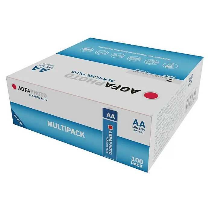 Agfaphoto Batterie - Mignon AA, Alkali-Mangan, 1,5 V, 100 Stk. - Eine Packung AgfaPhoto Alkaline Plus AA-Batterien mit 100 Stück, geeignet für Consumer Imaging Produkte und mit langer Lagerfähigkeit.