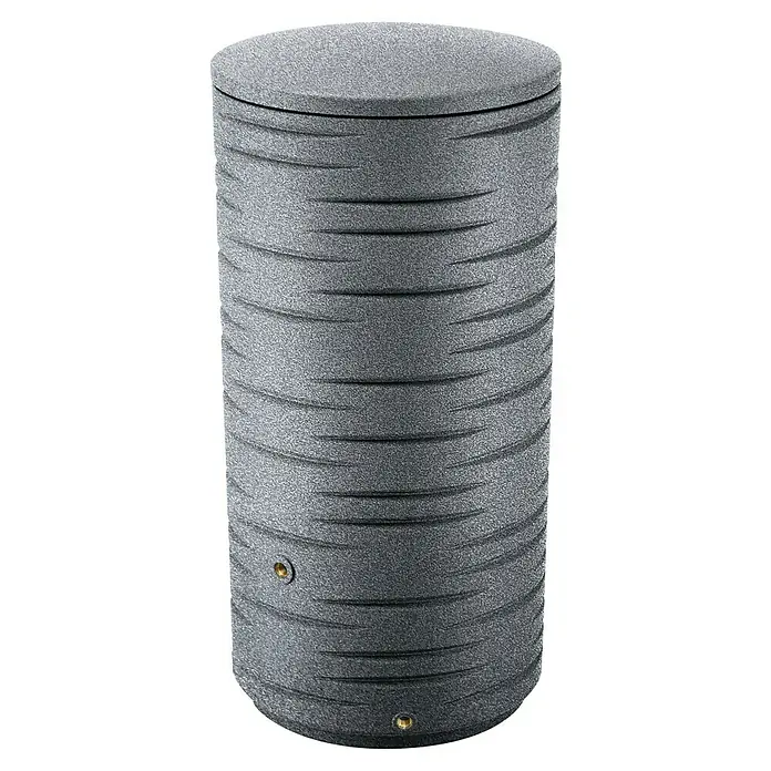 Arves Regenspeicher Freze - 290 l, Granit - Grauer Regenspeicher mit horizontalen Rillen und zwei goldenen Anschlüssen, ideal für die Gartenbewässerung.