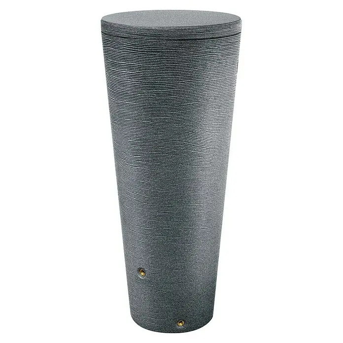 Regenspeicher Tubo - 320 l, Granit - Grauer Regenspeicher mit horizontalen Rillen und zwei Messinganschlüssen am unteren Rand.