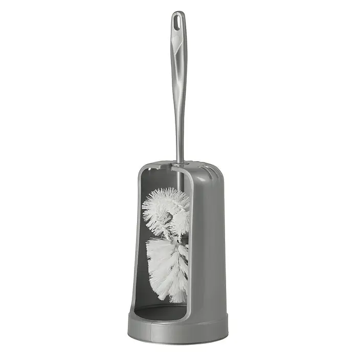 Poseidon WC-Bürstengarnitur Kuba Lux - Silber, Kunststoff - Eine graue Toilettenbürste mit Halterung. Das Set besteht aus einer Bürste mit langem Griff und einem passenden Behälter zur Aufbewahrung.
