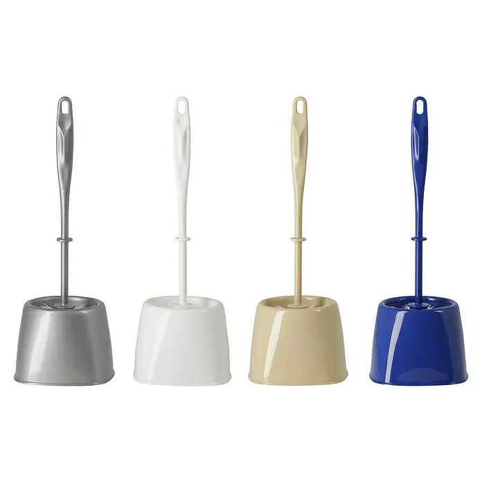 Poseidon WC-Bürstengarnitur Ewa - Silber, Kunststoff - Ein Sortiment von vier Toilettenbürsten in Silber, Weiß, Beige und Blau, jeweils mit passendem Halter. Die Bürsten haben lange Griffe mit Loch zum Aufhängen.