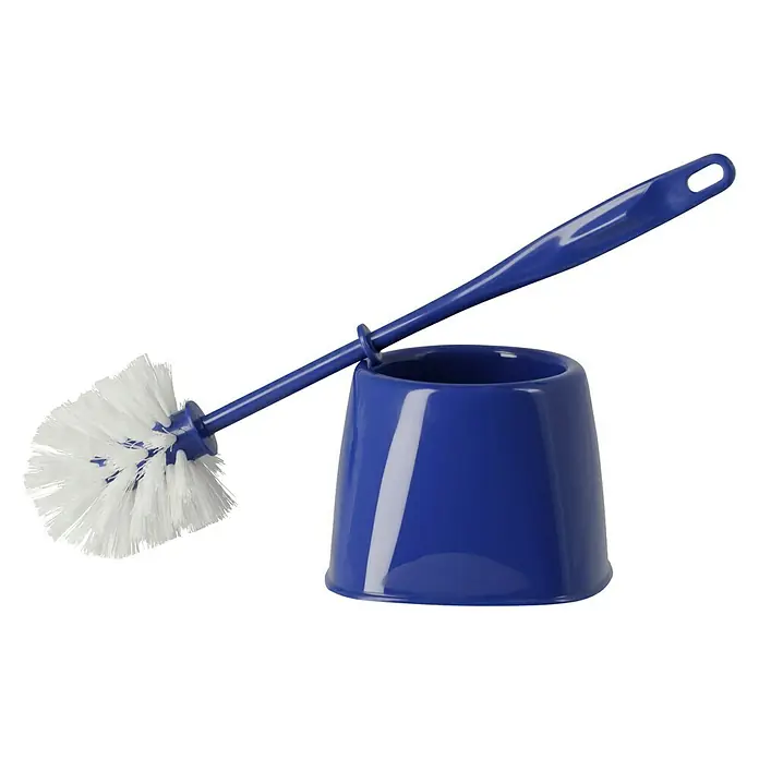 Poseidon WC-Bürstengarnitur Ewa - Marineblau, Kunststoff - Eine blaue Toilettenbürste mit Halter auf schwarzem Hintergrund. Das Set beinhaltet eine Bürste mit weißen Borsten und einen Halter.
