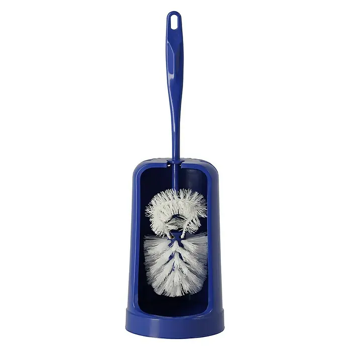 Poseidon WC-Bürstengarnitur Kuba Lux - Marineblau, Kunststoff - Hier ist eine blaue Toilettenbürste mit Halterung. Sie verfügt über einen weißen Bürstenkopf und einen blauen Griff mit Loch zum Aufhängen.