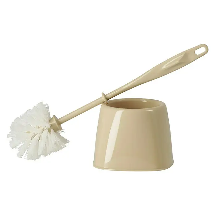 Poseidon WC-Bürstengarnitur Ewa - Beige, Kunststoff - Ein beiger Toilettenbürstenhalter mit einer Bürste, die schräg darüber liegt. Ideal für jedes Badezimmer.