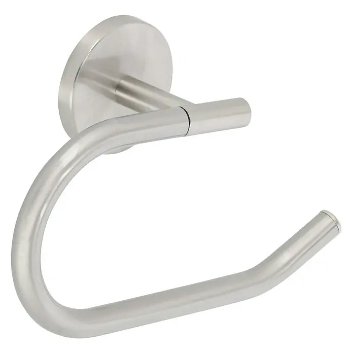 Venus Alosa Toilettenpapierhalter - Ohne Deckel, Chrom, Matt - Ein silberfarbener, kreisförmiger Handtuchhalter aus Metall, der an einer Wand befestigt ist, für Badezimmerausstattung.