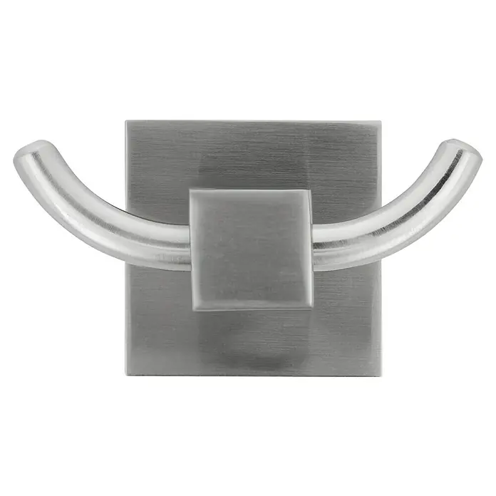 Venus Nemo Handtuchhaken - Edelstahl, Gebürstet - Nahaufnahme eines doppelten Handtuchhalters aus gebürstetem Nickel mit quadratischer Basis und abgerundeten Haken für das Badezimmer.