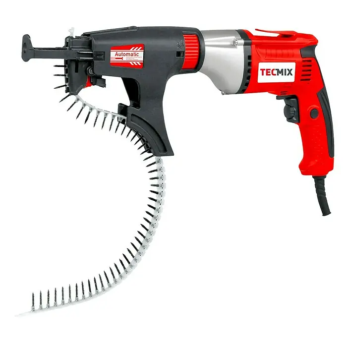 Berg Tecmix Trockenbauschrauber TBS 550 - 550 W - Ein roter Tecmix-Magazinschrauber mit automatischer Schraubenzuführung für effizientes und schnelles Schrauben in Trockenbau und Co.