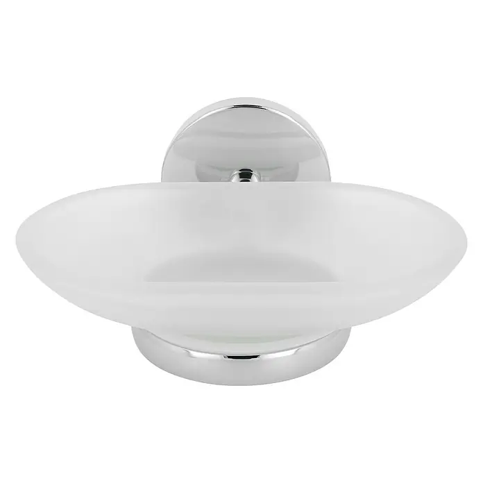 Venus Marina Seifenschale - Chrom, Glänzend - Nahaufnahme eines Seifenhalters für das Badezimmer mit Chromdetails und Milchglas.