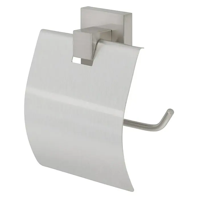 Venus Nemo Toilettenpapierhalter - Mit Deckel, Edelstahl, Gebürstet - Nahaufnahme eines modernen Toilettenpapierhalters aus gebürstetem Nickel mit Abdeckung zur stilvollen Badaufbewahrung.
