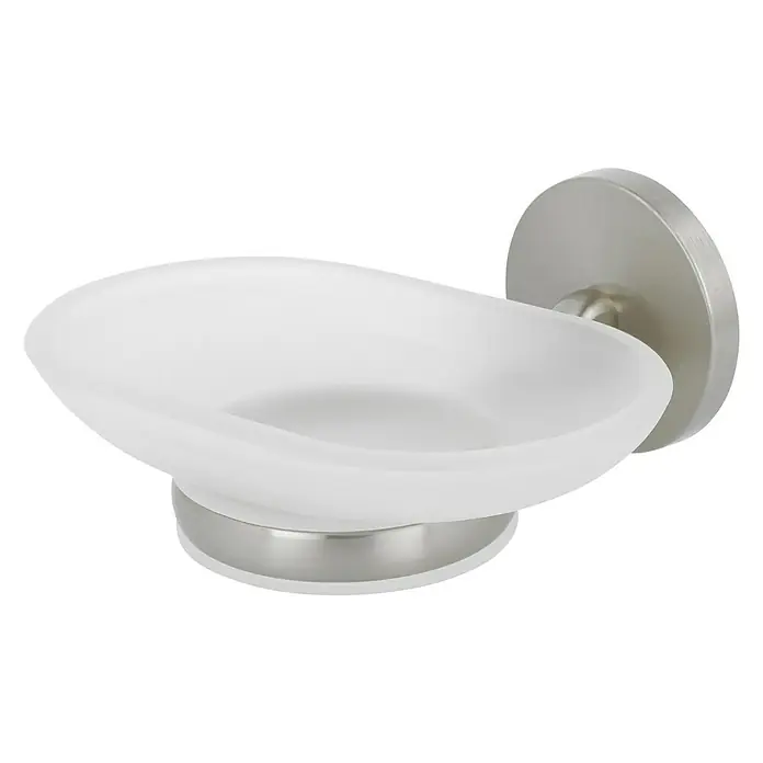 Venus Alosa Seifenschale - Chrom, Matt - Eine elegante Seifenablage in Weiß und Silber, die an der Wand befestigt wird, bietet eine stilvolle Lösung zur Seifenaufbewahrung im Badezimmer.