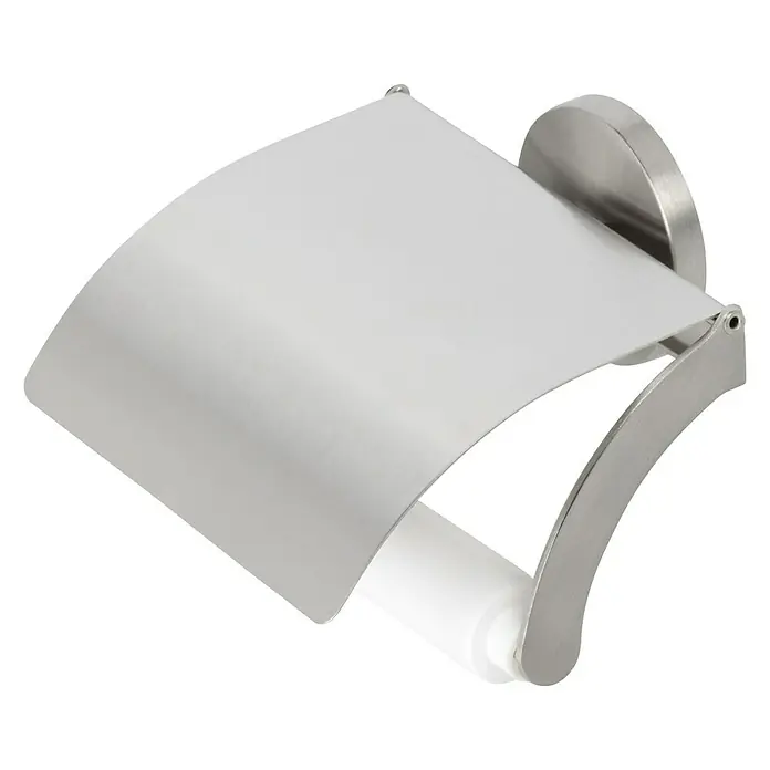 Venus Alosa Toilettenpapierhalter - Mit Deckel, Chrom, Matt - Ein Toilettenpapierhalter aus Edelstahl mit Deckel und einer Rolle Toilettenpapier darunter, ideal für moderne Badezimmer.