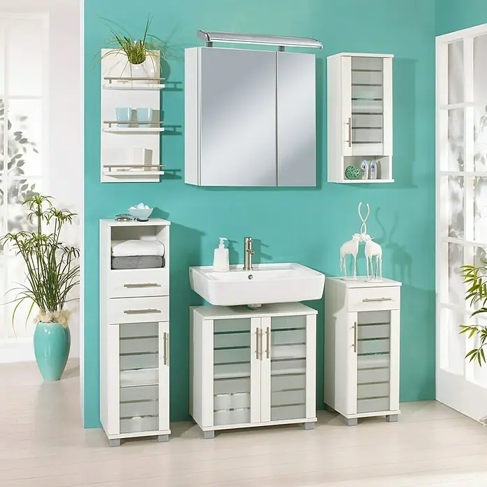 Schildmeyer Niko Regal - 30 x 17,5 x 70 cm, Perlweiß - Badezimmer-Set mit Waschbeckenunterschrank, Spiegelschrank, Hängeschrank und Hochschrank in Weiß und Chrom für ein modernes Bad.
