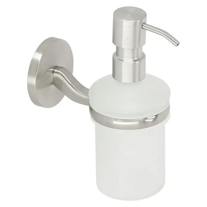 Venus Alosa Seifenspender - Mit Halterung, Chrom, Matt - Eleganter Wandseifenspender mit satiniertem Glasbehälter und gebürstetem Nickel Finish für stilvolle Badezimmer.