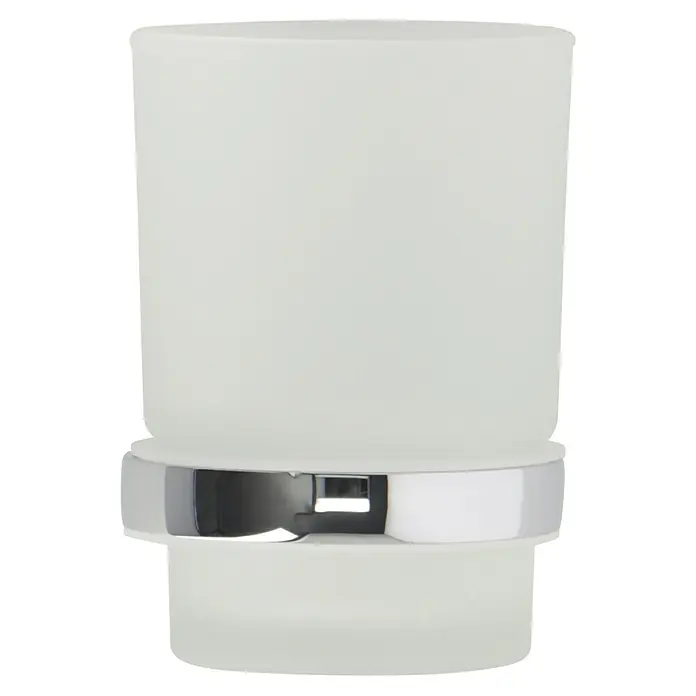 Venus Salmo Glashalter - Edelstahl, Glänzend - Ein stilvoller, milchglas-weißer Zahnputzbecher mit Chromakzent, der Eleganz in jedes Badezimmer bringt. Perfekt für die tägliche Mundhygiene.