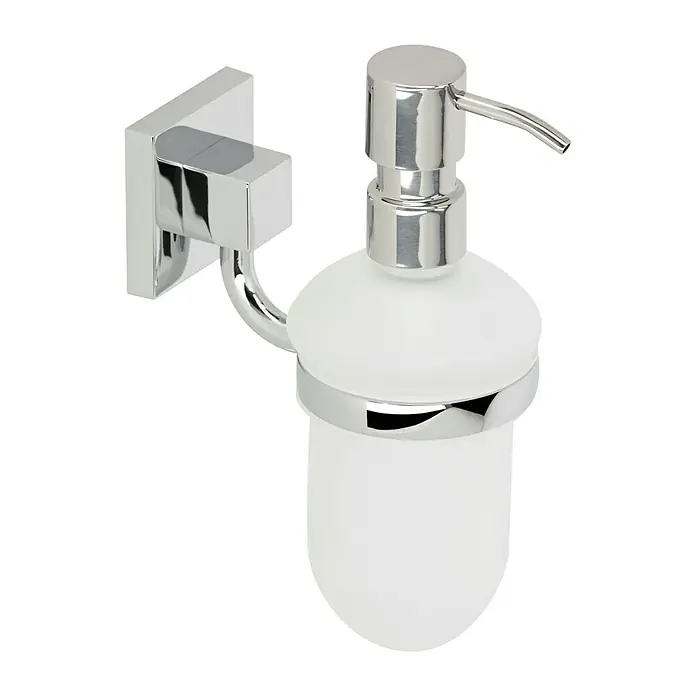 Venus Salmo Seifenspender - Mit Halterung, Edelstahl, Glänzend - Wandseifenspender: Eleganter, verchromter Seifenspender zur Wandmontage mit einem Behälter aus satiniertem Glas für Badezimmer oder Küche.