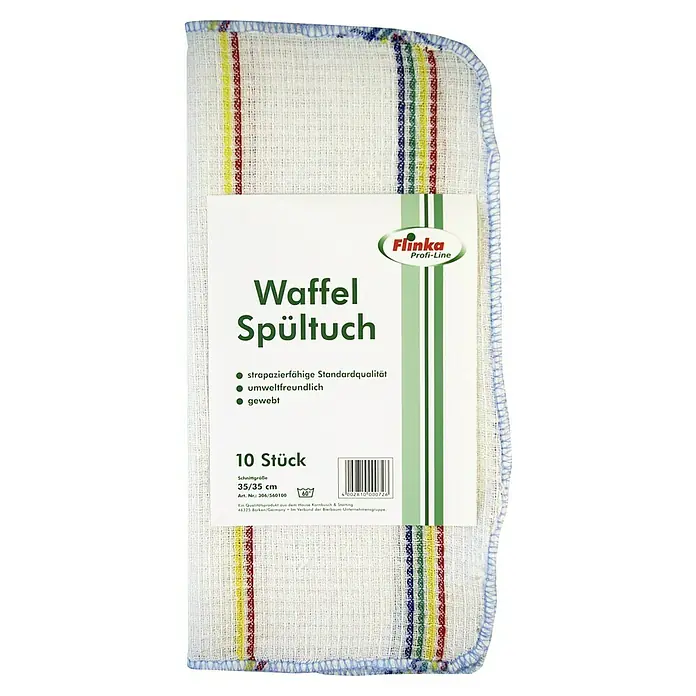 Flinka Profi-Line Waffelspültuch - 10 Stk., 35 x 35 cm, Waschbar bis 60 °C - Abbildung eines 10er-Packs Waffel-Spültücher von Flinka Profi-Line in Weiß mit bunten Streifen und blauer Umrandung.