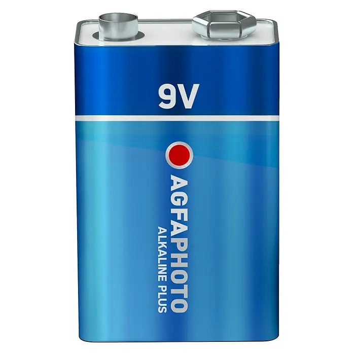 Agfaphoto Batterie - 9-Volt-Block, Alkali-Mangan, 9 V, 10 Stk. - Ein 9V-Block von AGFA PHOTO Alkaline Plus. Die Batterie ist in blau gehalten und hat oben die typischen Kontakte.