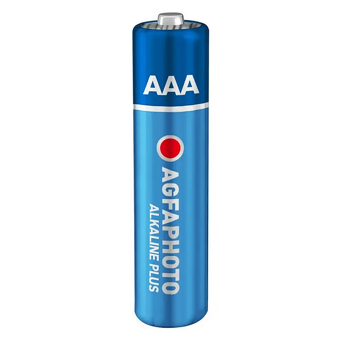 Agfaphoto Batterie - Micro AAA, Alkali-Mangan, 1,5 V, 20 Stk. - Nahaufnahme einer blauen AgfaPhoto AAA Alkaline Plus Batterie, die für langanhaltende Energie sorgt.