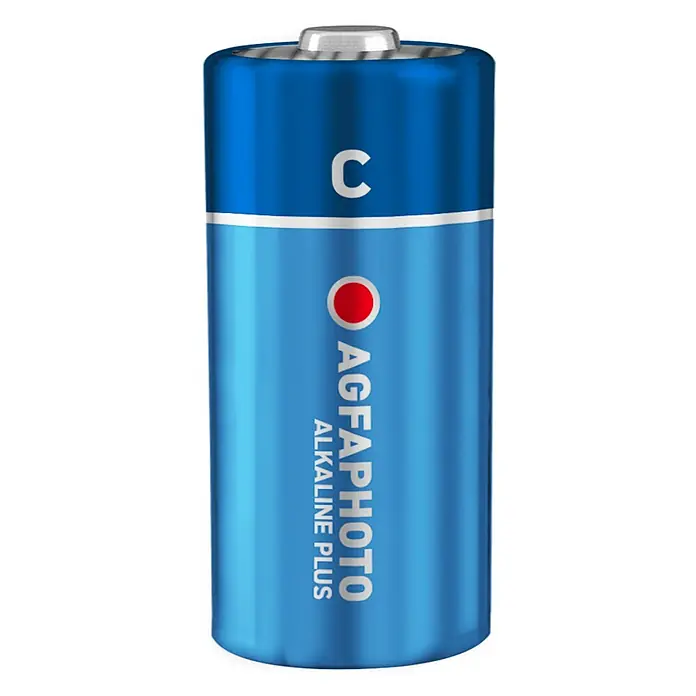 Agfaphoto Batterie - Baby C, Alkali-Mangan, 1,5 V, 12 Stk. - Nahaufnahme einer blauen AgfaPhoto Alkaline Plus C-Batterie mit gut sichtbarer Beschriftung und glänzendem Finish.