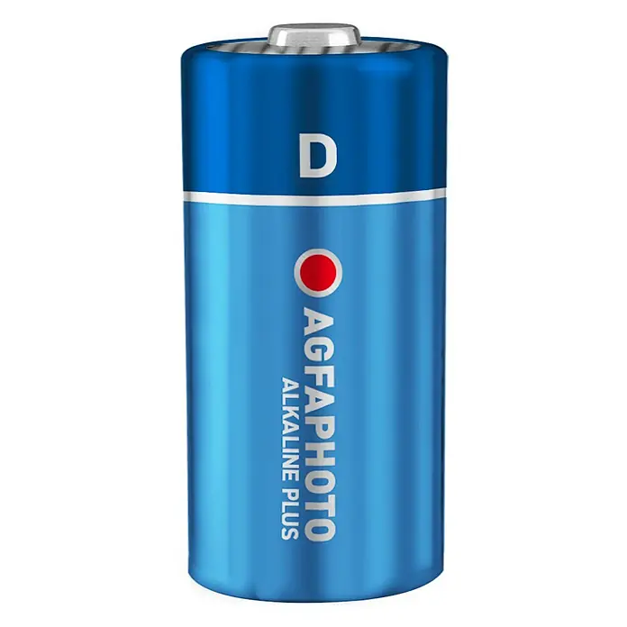 Agfaphoto Batterie - Mono D, Alkali-Mangan, 1,5 V, 12 Stk. - Nahaufnahme einer blauen AgfaPhoto D-Batterie mit silberfarbenem Pluspol und der Aufschrift "Alkaline Plus".