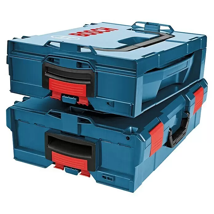 Bosch Professional Deckel L-BOXX RACK LID - Passend für: Bosch i-BOXX active rack, ABS, Blau - Zwei blaue Bosch L-Boxx Systemkoffer gestapelt, mit schwarzen Griffen und roten Verschlüssen für modulare Werkzeugaufbewahrung.