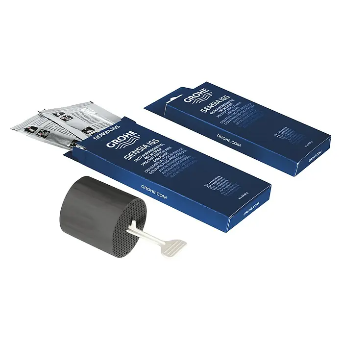 Grohe Pflege-Set - Passend für: Grohe Wand-Dusch-WC-Set Sensia - Produktfoto von Grohe Sensia IGS Entkalker-Set mit Reinigungskartusche und zwei Reinigungstabs in Originalverpackung.
