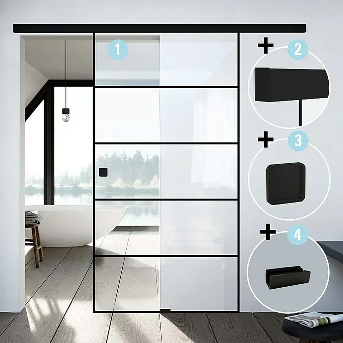 Diamond Doors Black Edition Schiebetür-Komplettset Lines - 935 x 2.058 mm, Klarglas - Schiebetür mit schwarzem Rahmen und Glaseinsätzen. Das Design ist modern und minimalistisch, ideal für stilvolle Wohnräume.