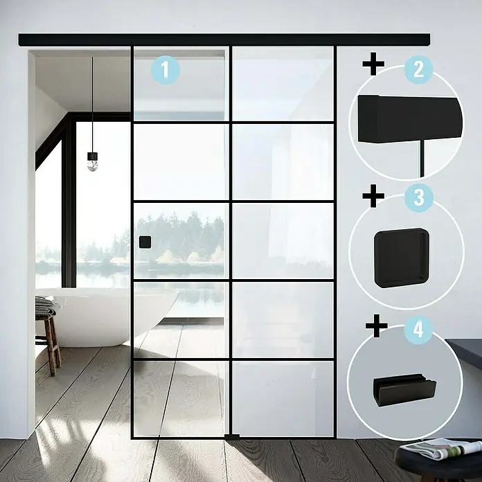 Diamond Doors Black Edition Schiebetür-Komplettset Loft - 935 x 2.058 mm, Klarglas - Schiebetür im modernen Stil mit schwarzem Rahmen und Glaspaneelen, ideal für stilvolle Raumtrennung.