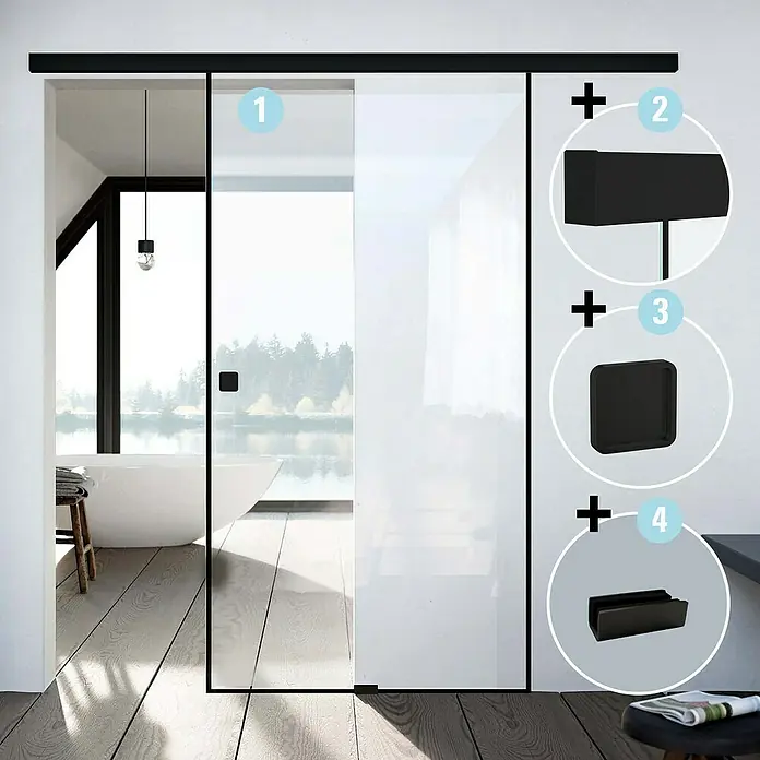 Diamond Doors Black Edition Schiebetür-Komplettset Edge - 935 x 2.058 mm, Klarglas - Schiebetür mit schwarzem Rahmen und verschiedenen Griffvarianten. Ein elegantes Design für moderne Innenräume.