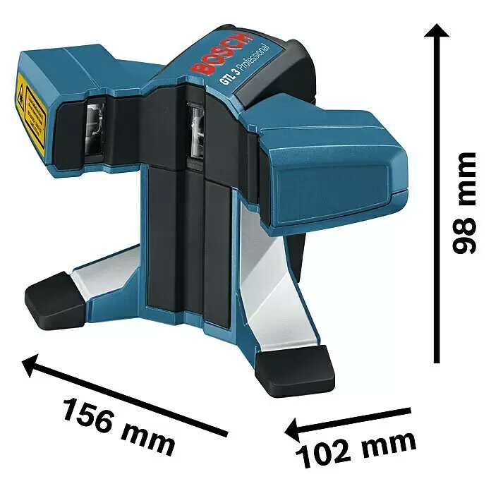 Bosch Professional Fliesenlaser GTL 3 - Max. Arbeitsbereich: 20 m, 4 -tlg. - Blauer und schwarzer Bosch GTL 3 Professional Laser-Nivellierer mit Maßen 156x102x98 mm, zeigt Laserwarnetikett.